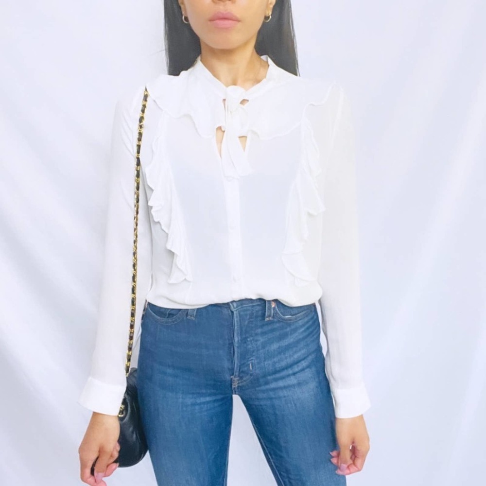 L'AGENCE | Cream 100% Silk Long Sleeve "Valentina" Ruffle Button Down Blouse Top